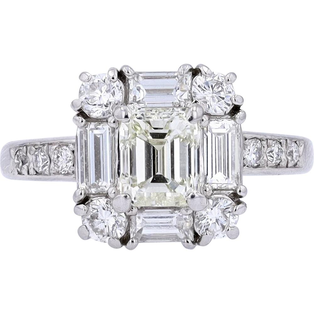Platinum 1.01 Carats Emerald Cut Diamond Engagement Ring - 2.01 Carats Total Diamond Weight