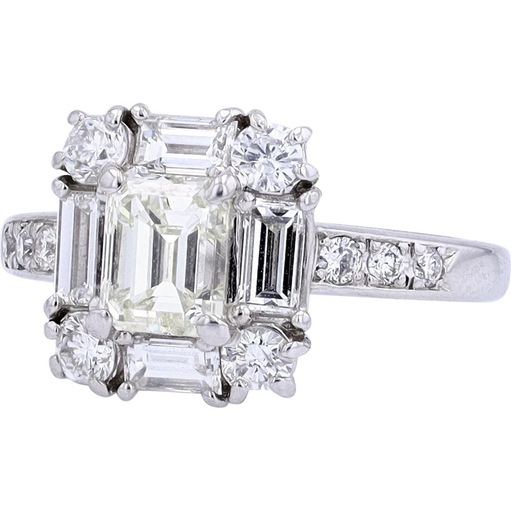 Platinum 1.01 Carats Emerald Cut Diamond Engagement Ring - 2.01 Carats Total Diamond Weight