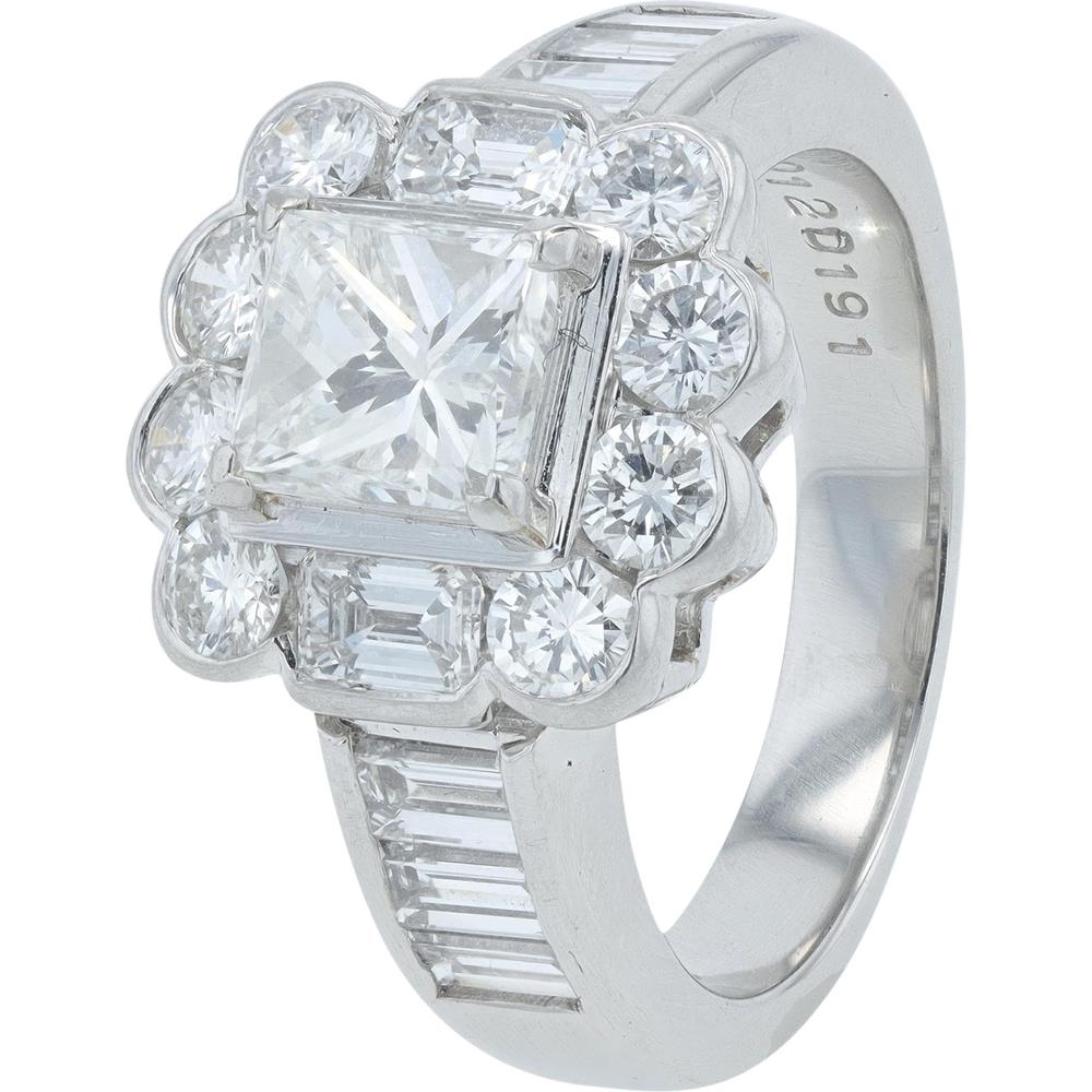 Platinum 1.012 CTR Princess Cut Diamond Halo Ring with Baguette and Round Diamonds - 2.922 Carat Total Diamond Weight