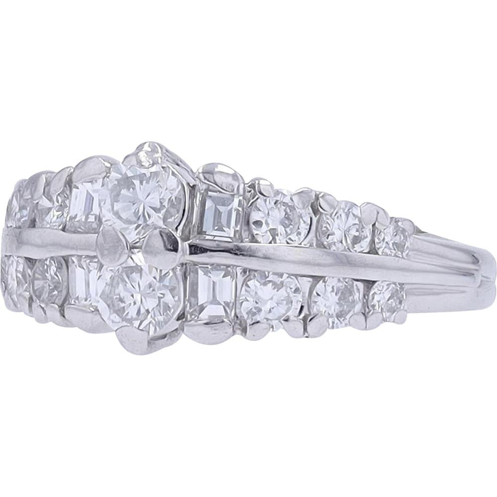 Platinum 1.02 Carat Diamond Ring with Round and Baguette Side Diamonds