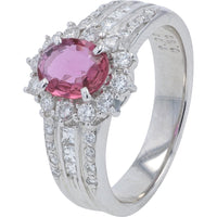 Platinum 1.02 Carat No Heat Oval Thai Ruby Halo Ring with 0.50 Carat Round and Baguette Diamond Accents - GIA Certified