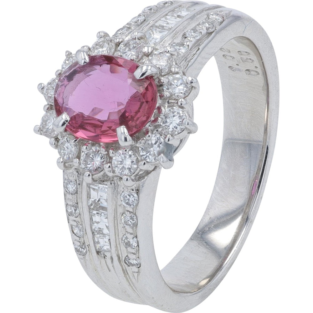 Platinum 1.02 Carat No Heat Oval Thai Ruby Halo Ring with 0.50 Carat Round and Baguette Diamond Accents - GIA Certified
