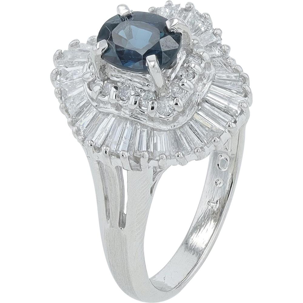 Platinum 1.02 Carat Sapphire Oval Cut Ring with Baguette and Round Diamonds - 0.90 Carat Total Diamond Weight