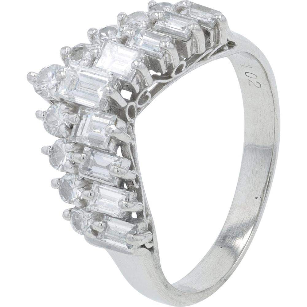 Platinum 1.02 Carat Total Weight Diamond Ring with Baguette and Round Diamonds