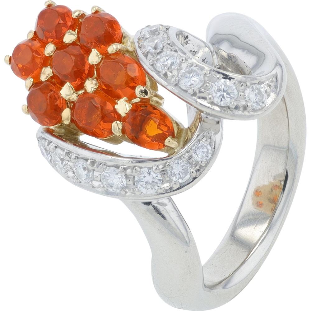 Platinum 1.03 Carat Orange Sapphire and Diamond Ring with Swirling Platinum Design and Milgrain Detail