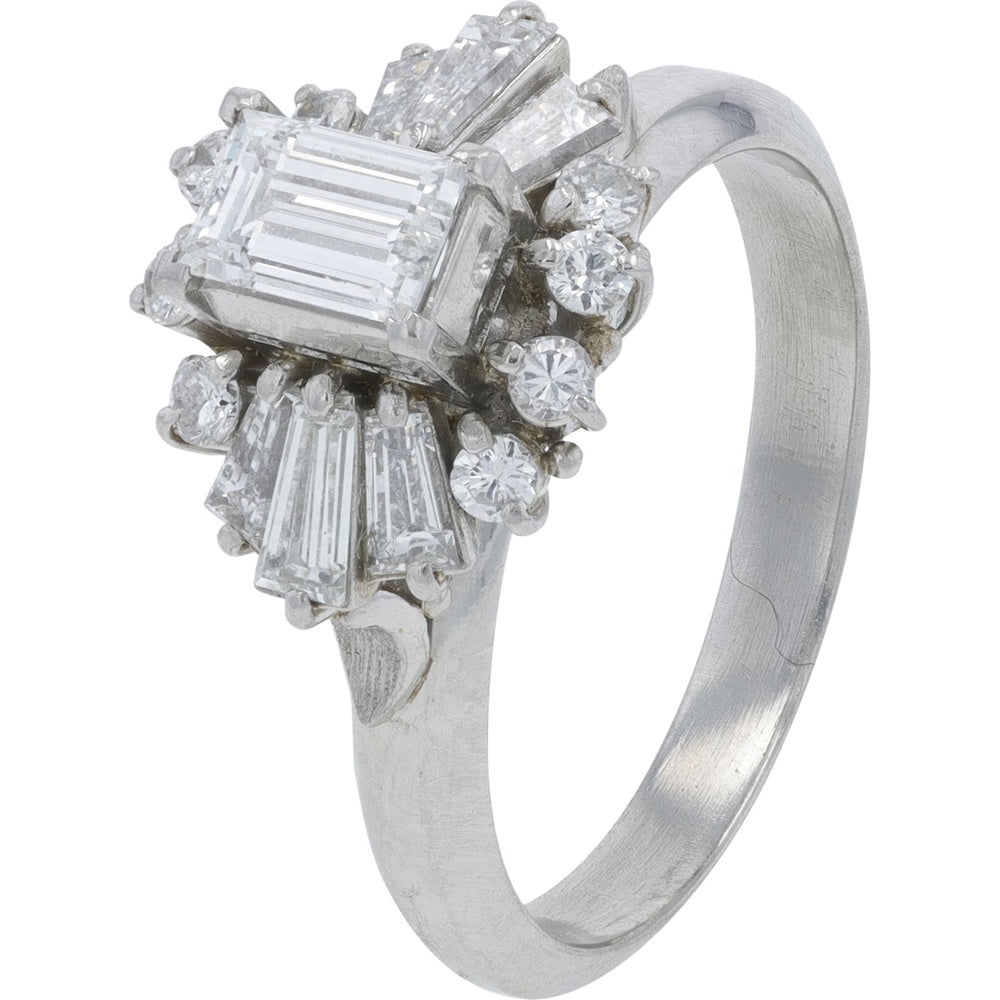 Platinum 1.03 Carat Total Weight Diamond Ring with Emerald Cut Center and Baguette Cluster