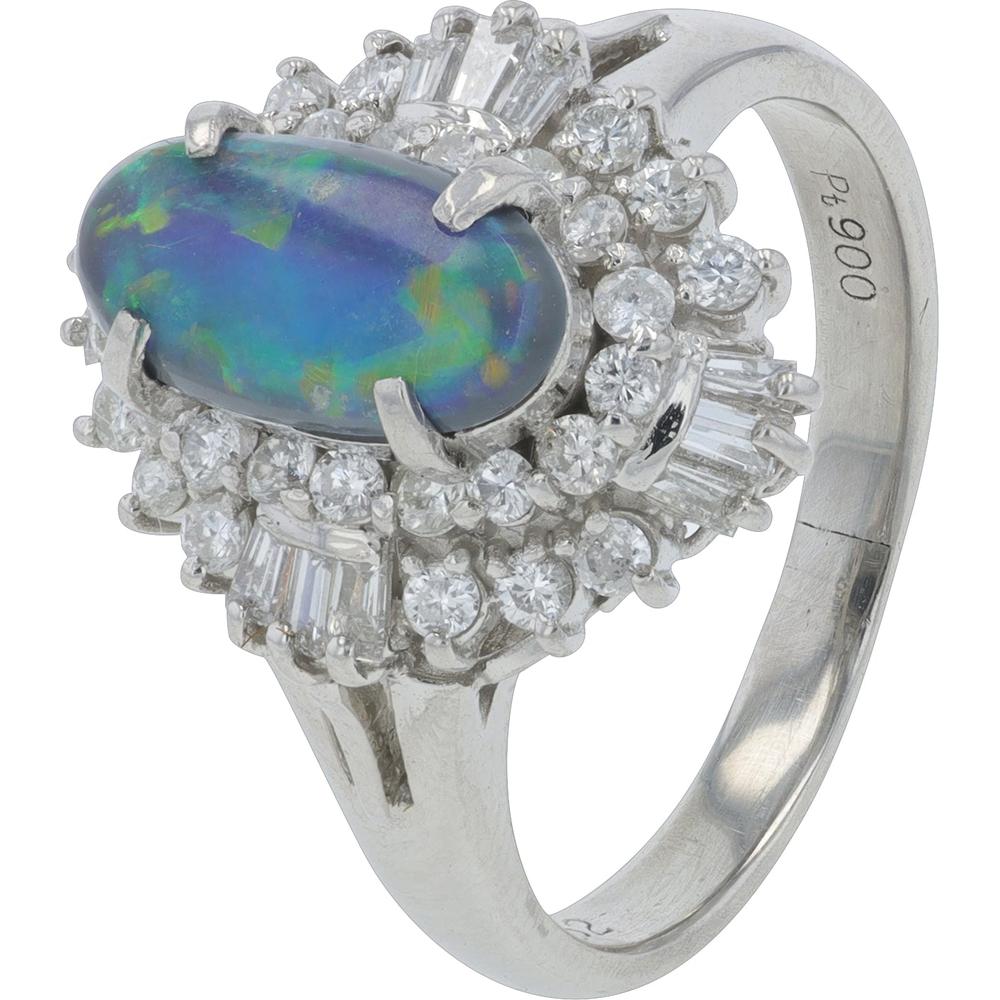 Platinum 1.04 Carat Black Opal and Diamond Halo Ring - 0.62 Carat Total Diamond Weight