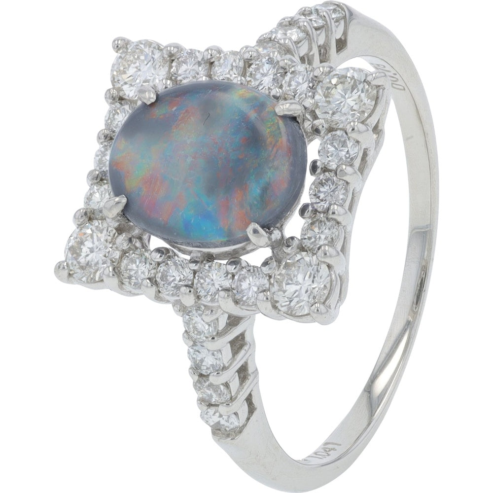 Platinum 1.04 Carat Black Opal Ring with Geometric Diamond Halo and Graduated Diamond Accented Band - 0.78 Carat Total Diamond Weight