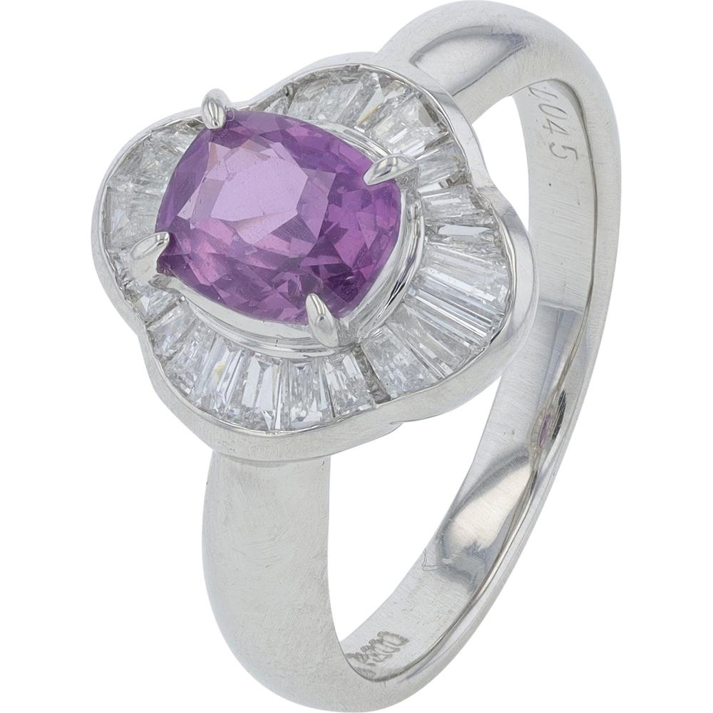 Platinum 1.04 Carat Cushion Cut Pink Sapphire Ring with 0.45 Carat Baguette Diamond Halo