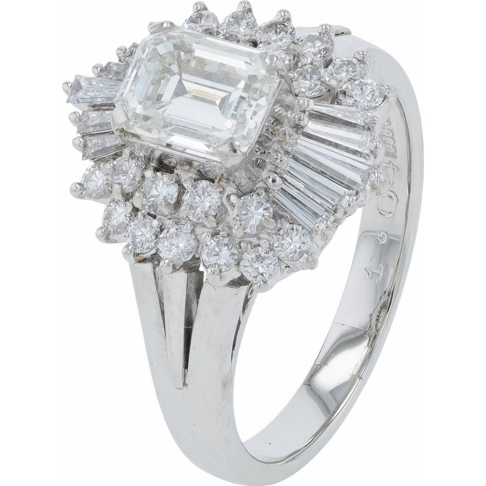 Platinum 1.04 Carat Emerald-Cut Engagement Ring with Baguette and Round Diamond Double Halo - 1.76 Carat Total Diamond Weight