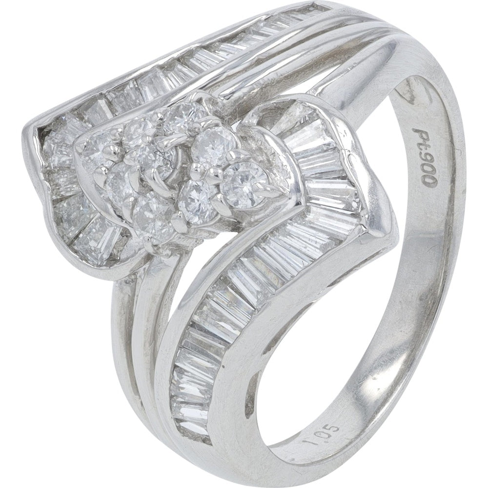 Platinum 1.05 Carat Total Weight Diamond Ring with Floral Cluster Round and Channel-Set Baguette Diamonds - Size 6.25