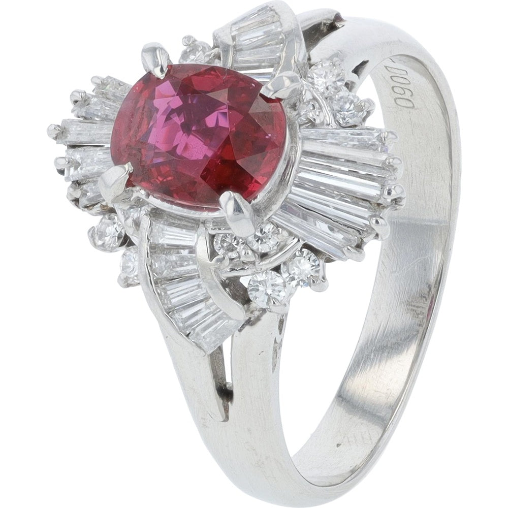 Platinum 1.07 Carat Oval Ruby Halo Ring with Baguette and Round Diamond Accents - 0.60 Carat Total Diamond Weight