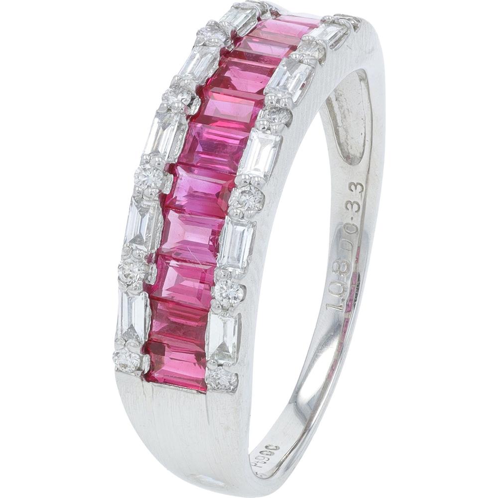 Platinum 1.08 Carat Emerald - Cut Ruby Ring with 0.33 Carat Total Baguette and Round Diamond Accents
