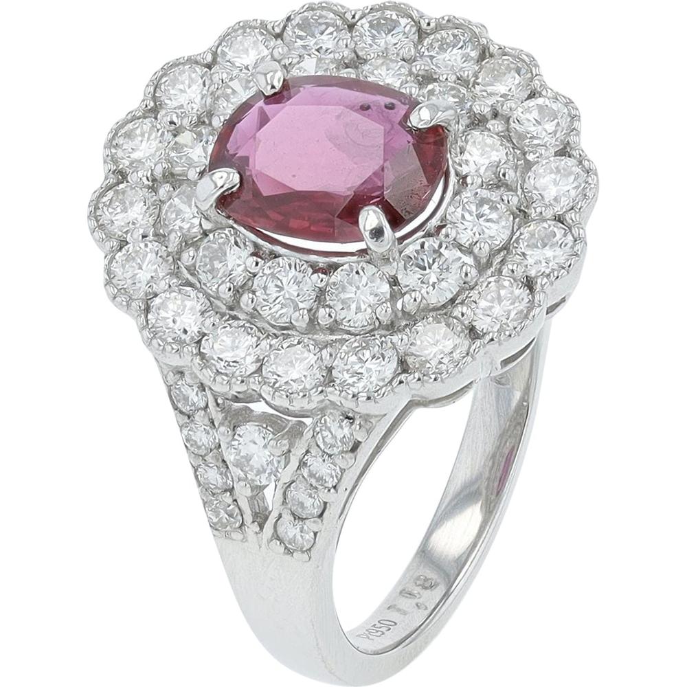 Platinum 1.08 Carat Thai Ruby Ring with 1.13 Carat Pavé Diamond Halo - Platinum 950