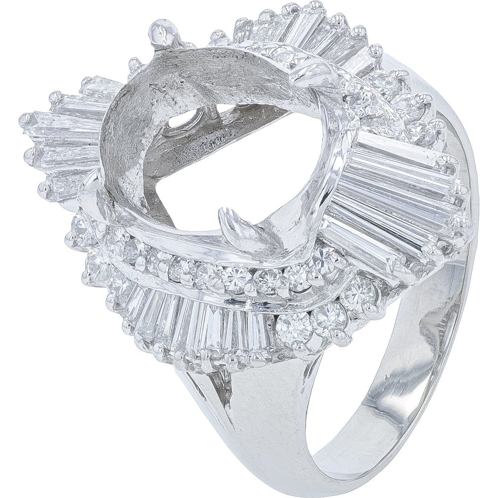 Platinum 1.08 Carat Total Weight Diamond Semi-Mount Ring with Baguette and Round Cut Stones