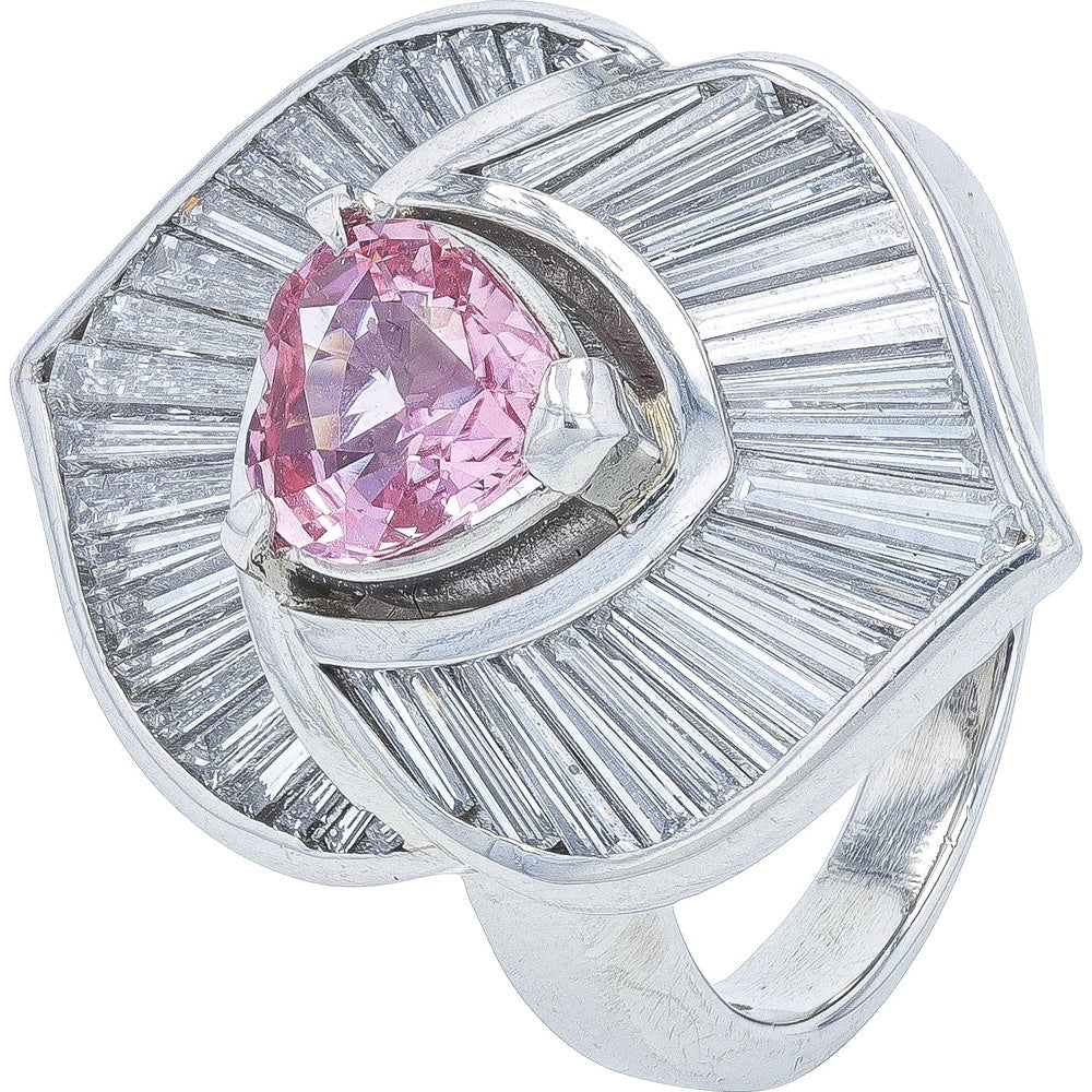 Platinum 1.09 Carat No Heat Padparadscha Sapphire Ring with Baguette Diamond Halo - 1.78 Carat Total Diamond Weight