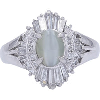 Platinum 1.09 Carat Oval Cat's Eye Ring with Sunburst Round and Baguette Diamond Halo - 0.55 Carat Total Diamond Weight
