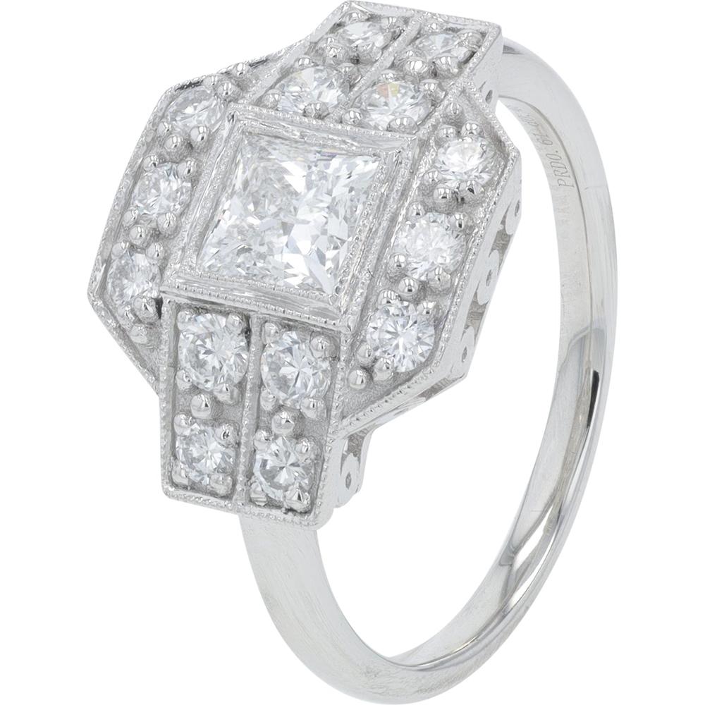 Platinum 1.09 Carat Total Weight Diamond Engagement Ring with 0.61 Carat Princess Cut Center and Halo of Round Diamonds