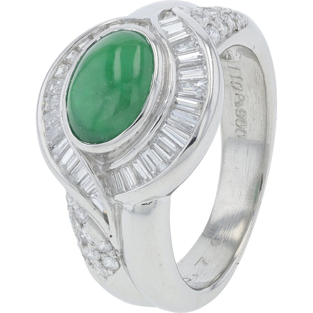 Platinum 1.10 Carat Cabochon Jade Ring with Baguette and Round Diamond Accents - 0.70 Carat Total Diamond Weight