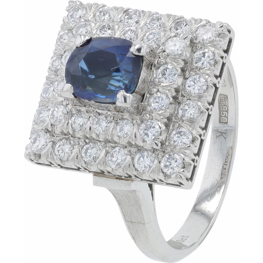 Platinum 1.10 Carat Sapphire Center Ring with Double Halo of 2.00 Carats Round Diamonds
