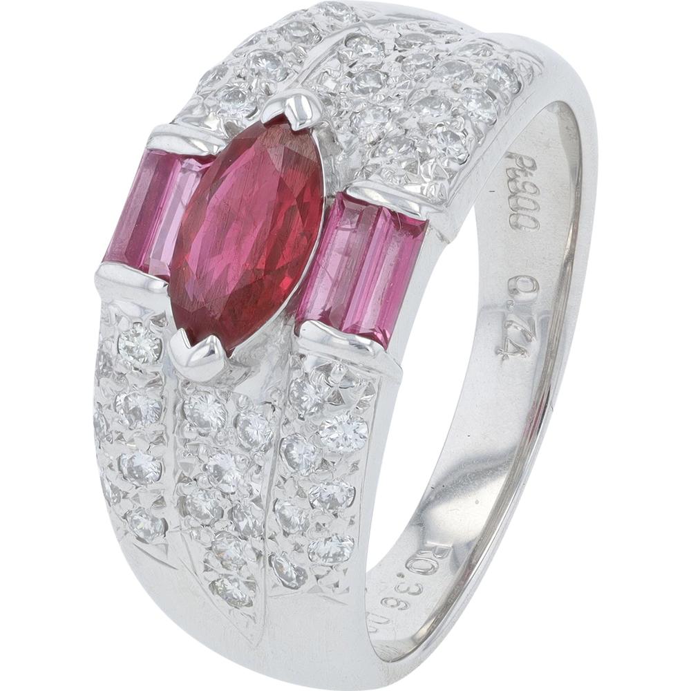 Platinum 1.10 Carat Total Weight Marquise Ruby and Baguette Diamond Band - 0.43 Carat Total Diamond Weight
