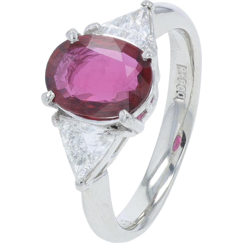 Platinum 1.11 Carat Oval Ruby Ring with Trillion Cut Diamonds - 0.48 Carat Total Diamond Weight