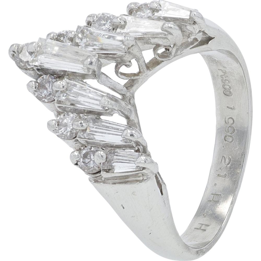 Platinum 1.11 Carat Total Weight Diamond Chevron Ring with Baguette and Round Diamonds