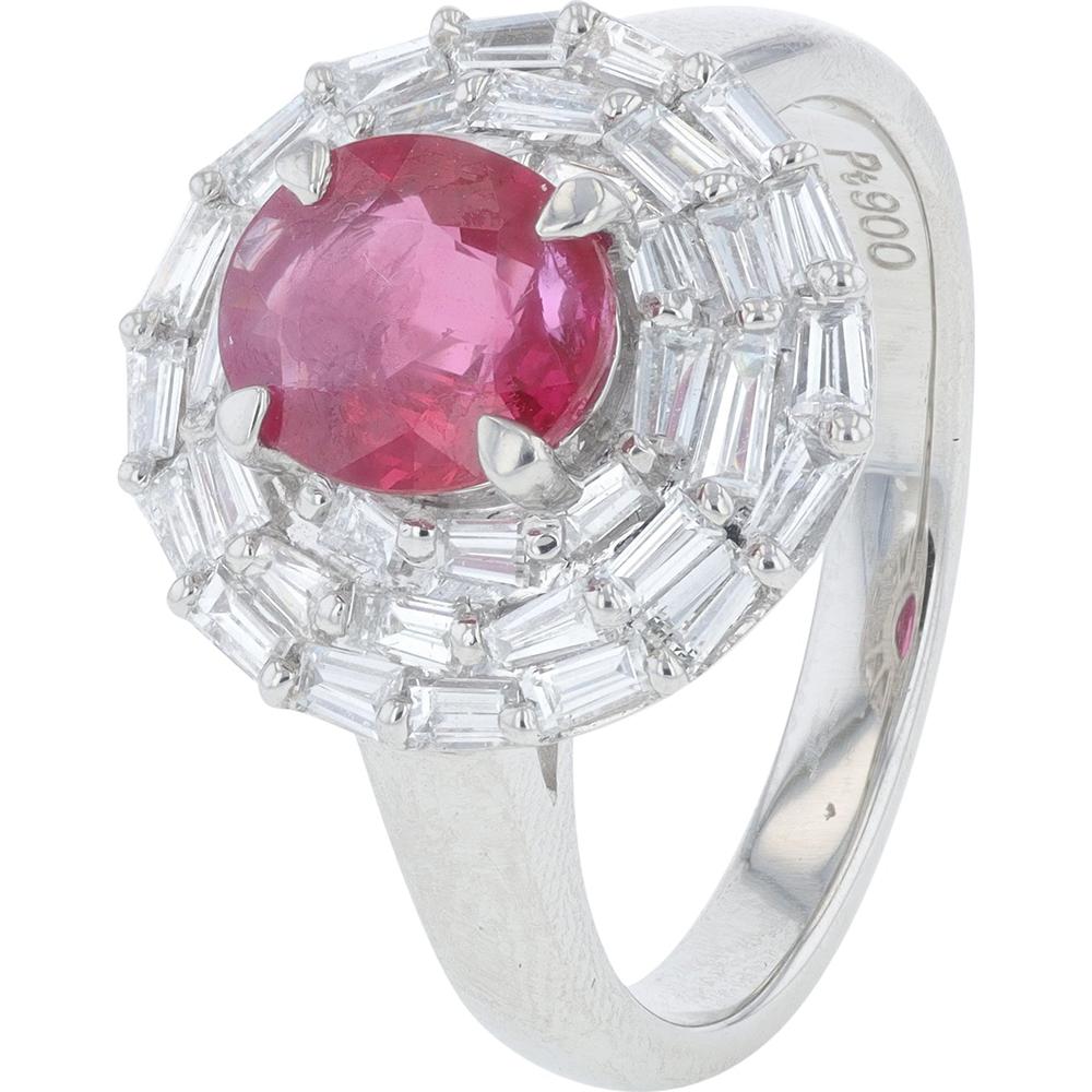 Platinum 1.14 Carat Total Weight Burma Ruby Ring with 0.76 Carat Baguette Diamond Halo