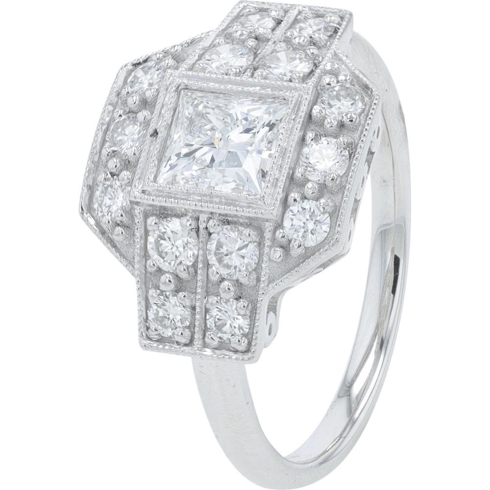 Platinum 1.14 Carat Total Weight Diamond Princess Cut Engagement Ring with Pavé Halo - 0.95 Carat Center Diamond
