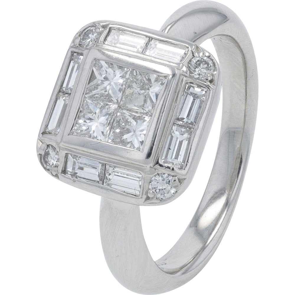 Platinum 1.14 Carat Total Weight Geometric Diamond Ring with Invisible-Set Princess Cut Center and Baguette & Round Halo