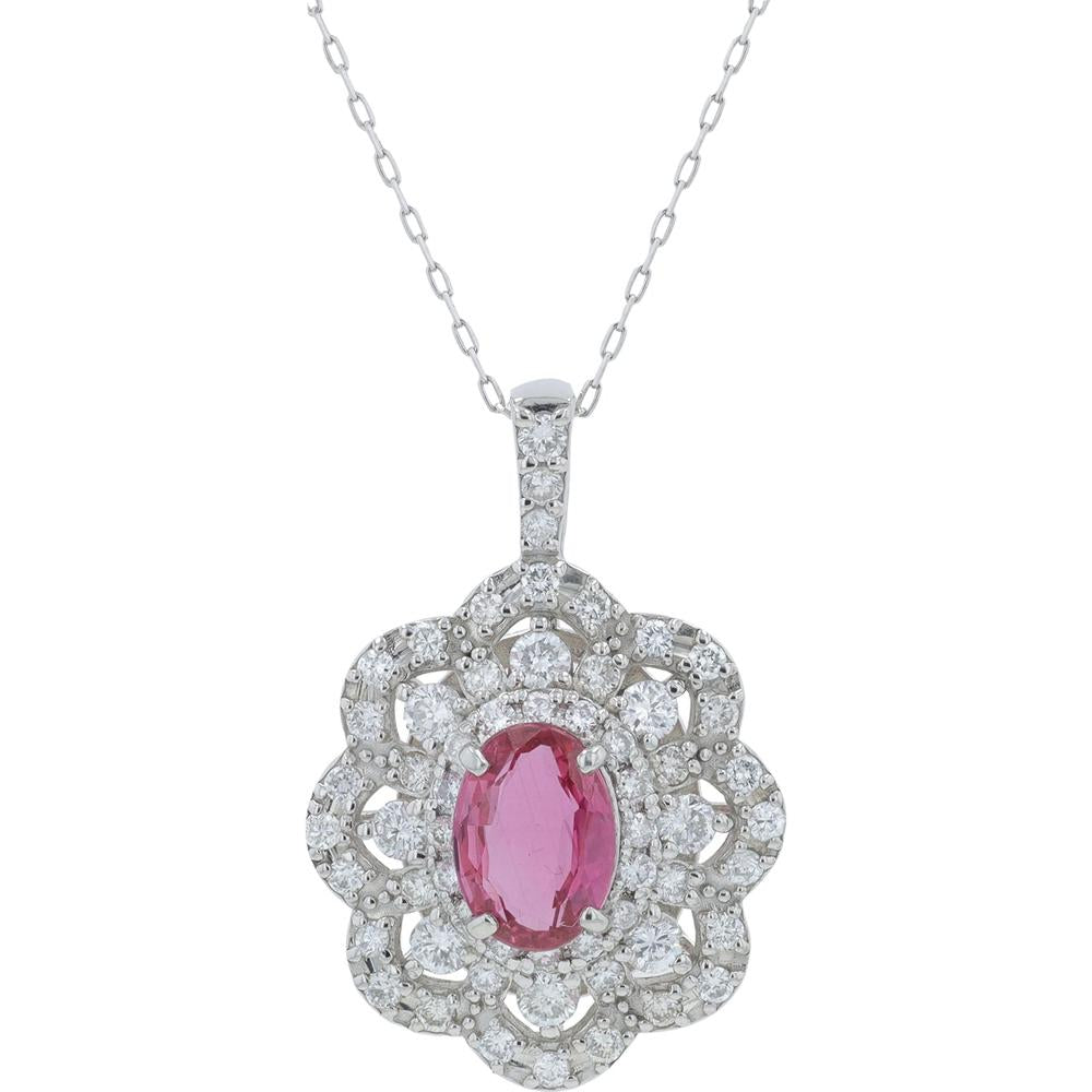 Platinum 1.183 Carat Oval Ruby Pendant with Diamond Halo - 1.11 Carat Total Diamond Weight