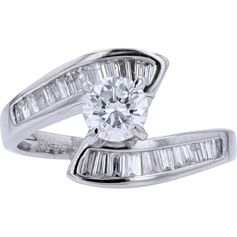 Platinum 1/2 Carat Round Diamond Bypass Engagement Ring with Baguette Side Stones - 1.00 Carat Total Diamond Weight