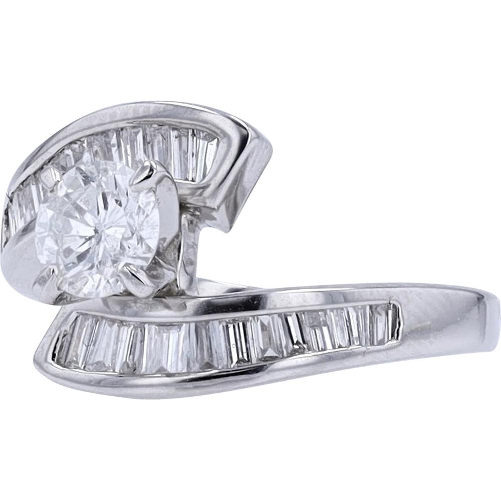Platinum 1/2 Carat Round Diamond Bypass Engagement Ring with Channel Set Baguette Diamonds - 1.00 Carat Total Diamond Weight