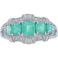 Platinum 1.20 Carat Emerald Five Stone Ring with 0.05 Carat Diamond Accents