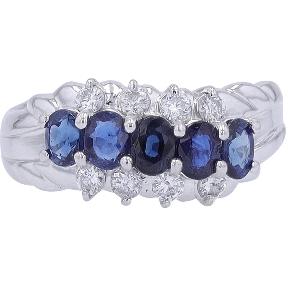 Platinum 1.20 Carat Sapphire Five Stone Ring with 0.32 Carat Diamond Accents