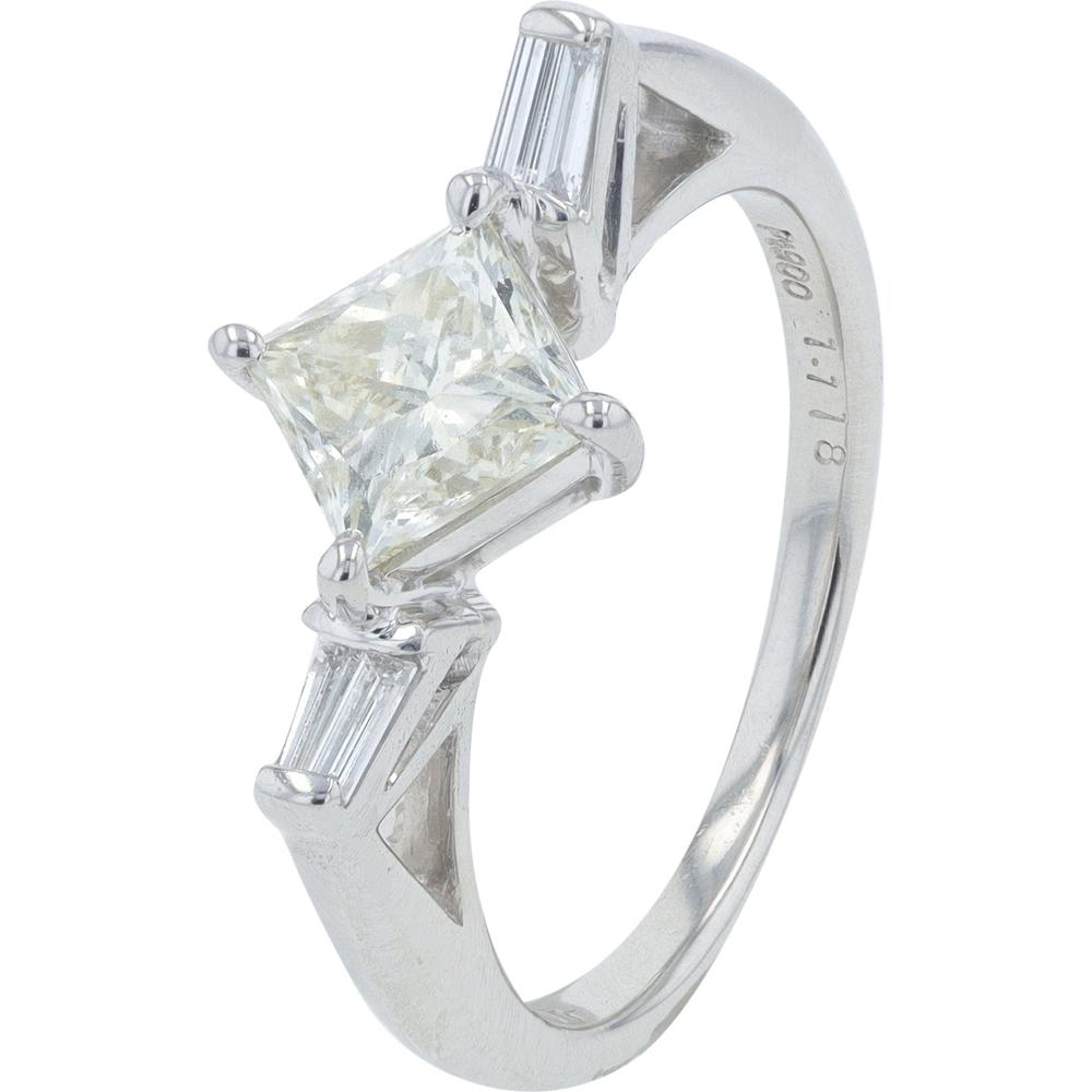 Platinum 1.218 Carat Total Weight Diamond Engagement Ring with Princess Cut Center and Tapered Baguette Accents