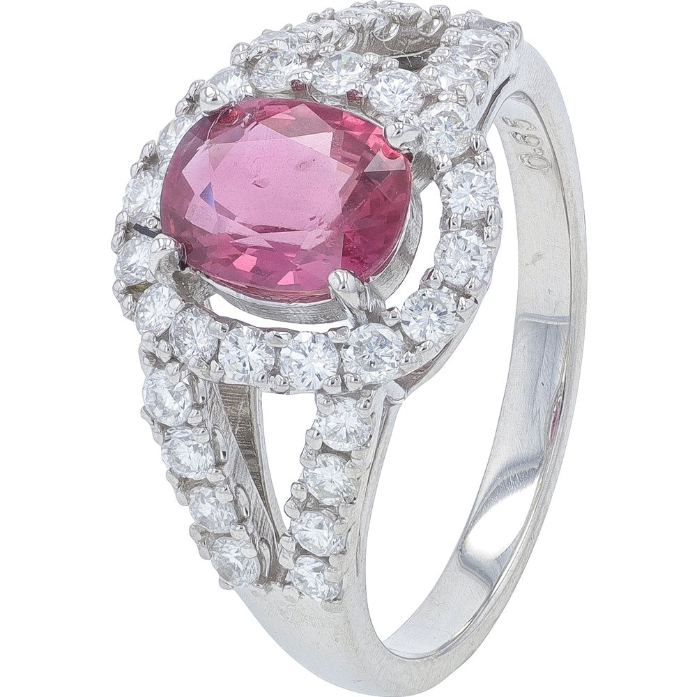 Platinum 1.25 Carat Cushion Cut Thai Ruby Ring with 0.65 Carat Diamond Halo and Split Shank