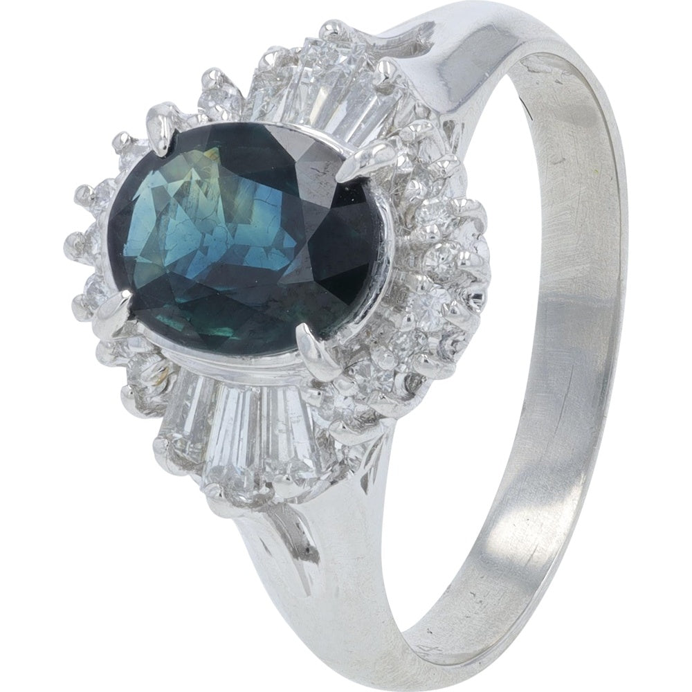 Platinum 1.25 Carat Oval-Cut Teal Sapphire Halo Ring with Baguette and Round Diamond Accents - 0.38 Carat Total Diamond Weight