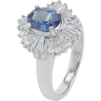 Platinum 1.26 Carat Oval Sapphire Ring with Baguette and Round Diamond Ballerina Halo - 0.75 Carat Total Diamond Weight