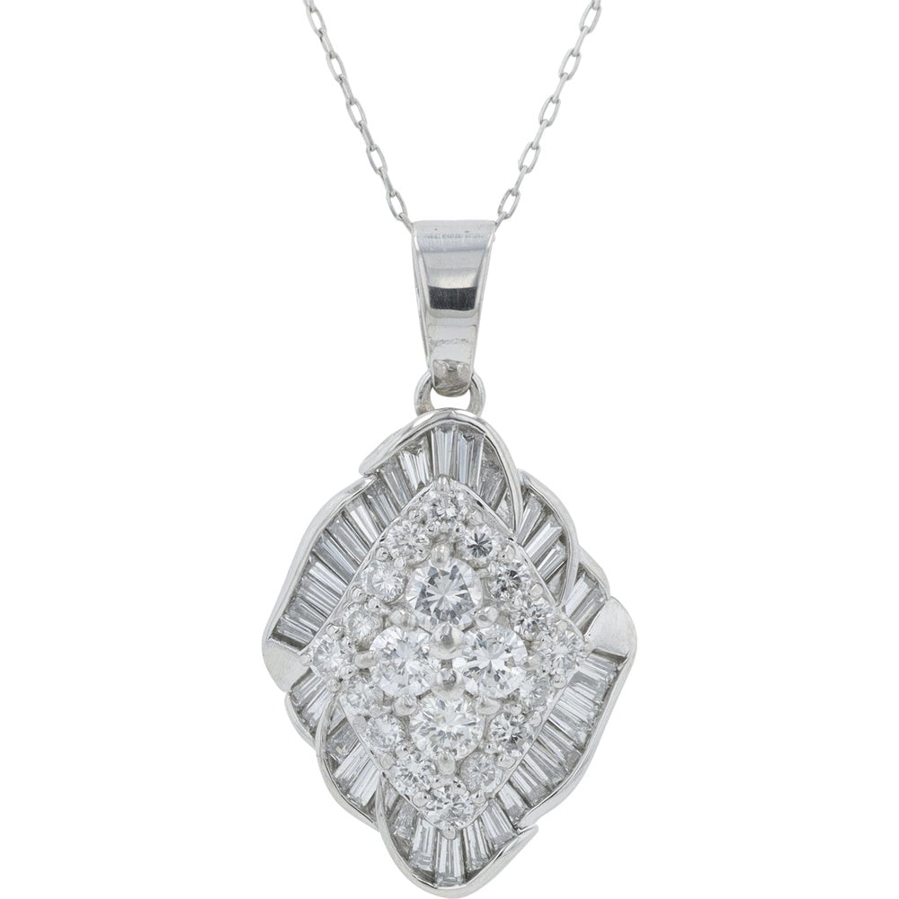 Platinum 1.30 Carat Total Weight Diamond Pendant with Baguette and Round Diamond Geometric Halo Cluster and 17.5 Inch Chain