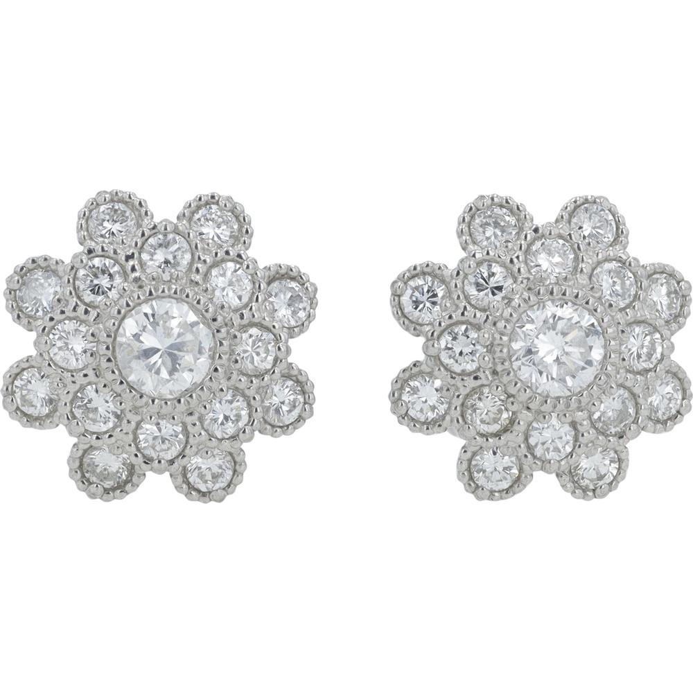 Platinum 1.30 Carats Diamond Flower Cluster Earrings with Milgrain Detail