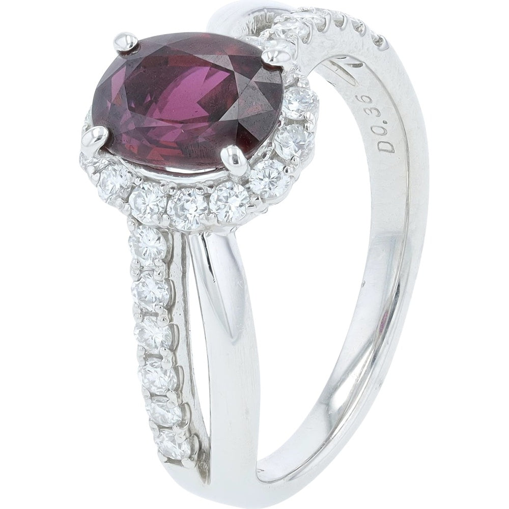 Platinum 1.31 Carat Oval Ruby Halo Ring with Pavé-Set Round Diamonds - 0.36 Carat Total Diamond Weight