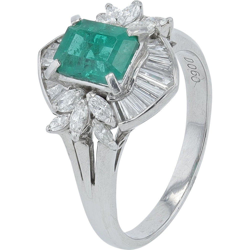 Platinum 1.32 Carat Zambian Emerald Center Ring with Marquise and Baguette Diamond Accents - 0.60 Carat Total Diamond Weight
