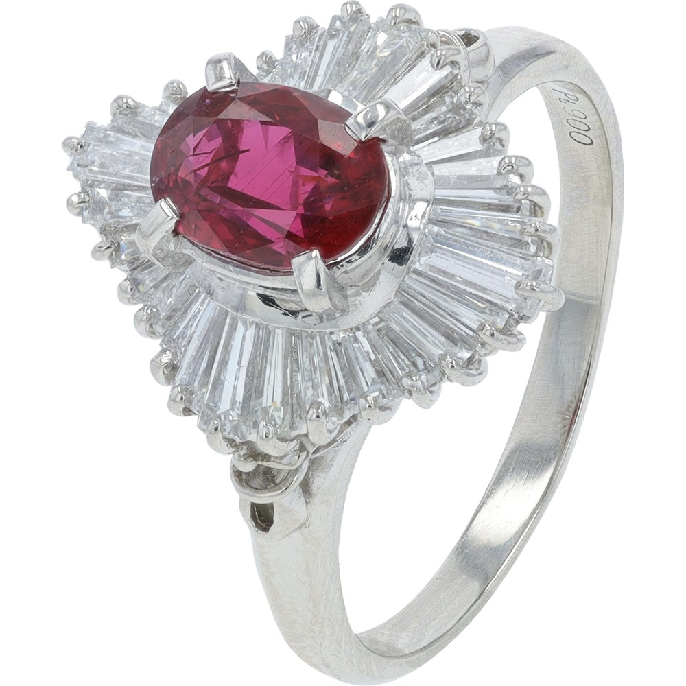Platinum 1.34 Carat Oval Ruby Ring with Baguette Diamond Sunburst Halo - 1.04 Carat Total Diamond Weight