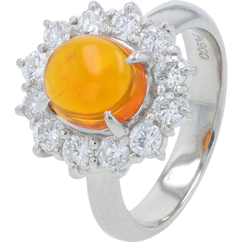 Platinum 1.35 Carat Fire Opal Ring with 0.90 Carat Round Diamond Halo