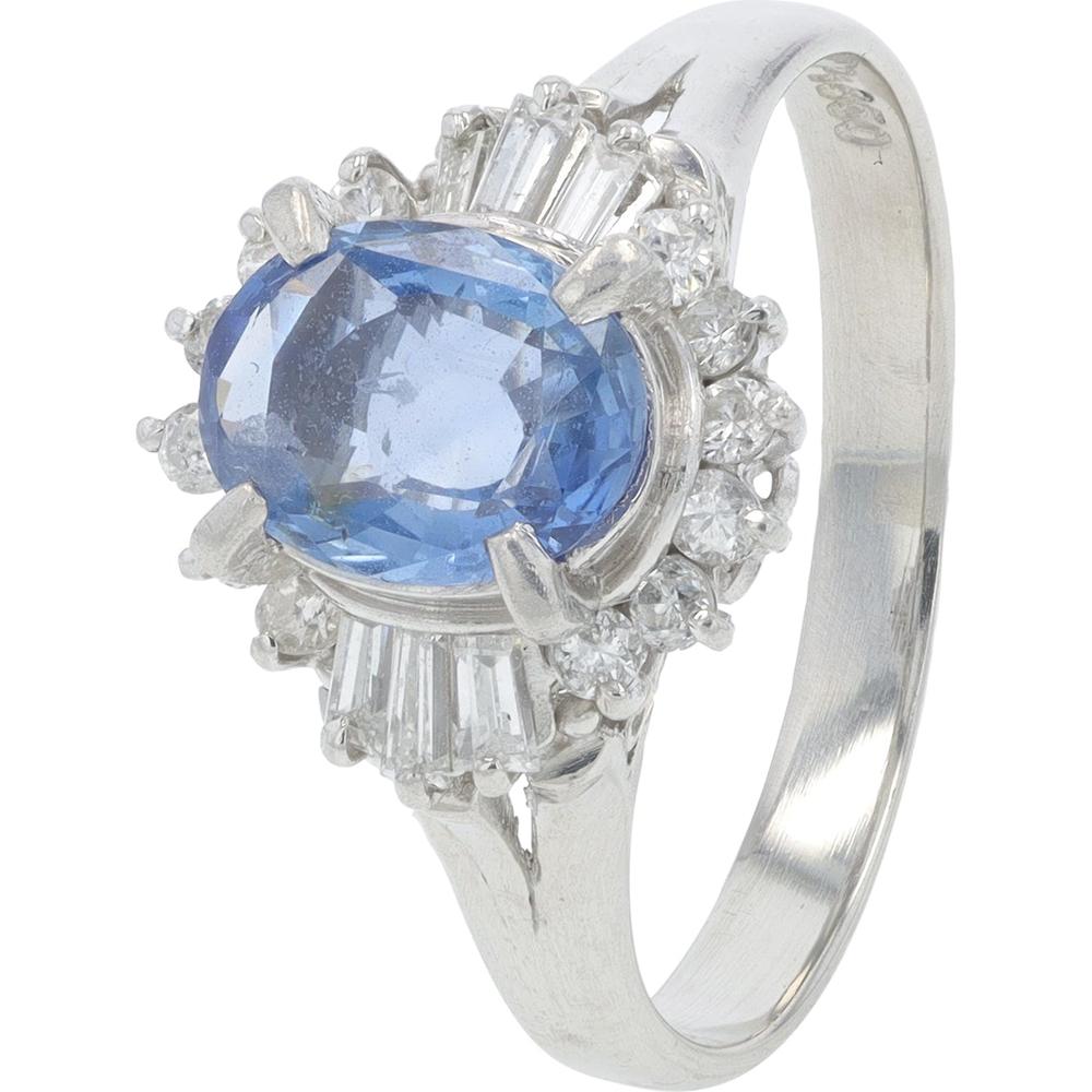 Platinum 1.36 Carat Total Weight Oval Sapphire Ring with 0.36 Carat Diamond Halo