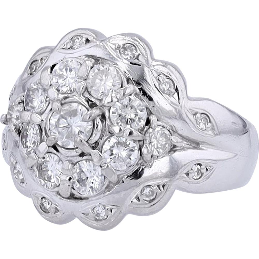 Platinum 1.37 Carat Total Diamond Cluster Ring with Milgrain Detailing