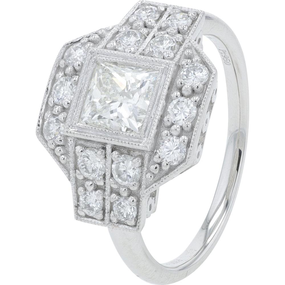 Platinum 1.37 Carat Total Weight Diamond Engagement Ring with 0.85 Carat Princess Cut Center Stone and Round Diamond Halo