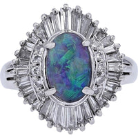 Platinum 1.39 Carat Black Opal Ring with 1.25 Carats Diamond Halo