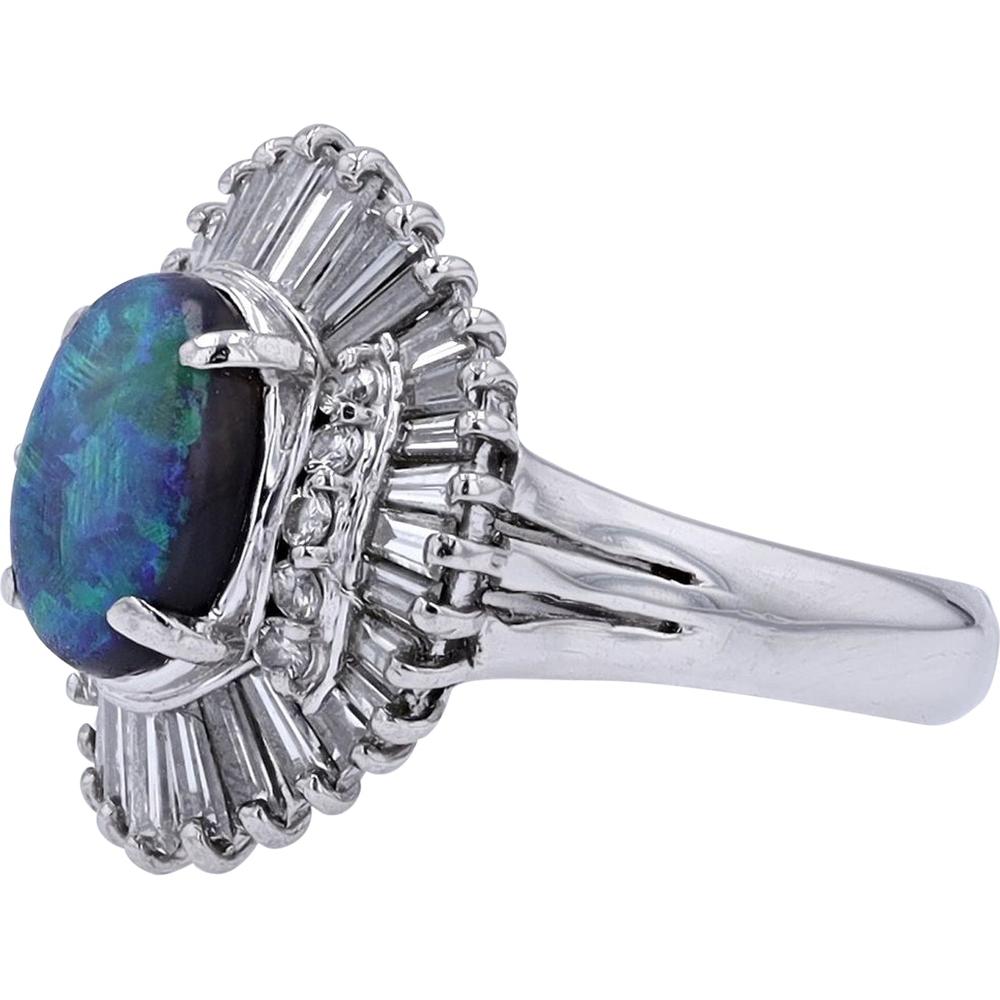 Platinum 1.39 Carat Black Opal Ring with 1.25 Carats Diamond Halo